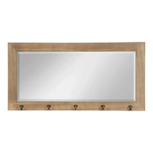Rectangular wall mirror with rustic wood frame and five metal hooks on bottom rail