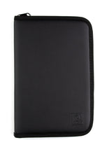Black fabric storage organizer case with zipper closure and embossed logo patch