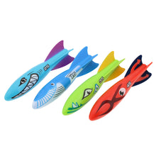 Four kids pool dive torpedoes: purple-blue, light blue, green, and red fish darts