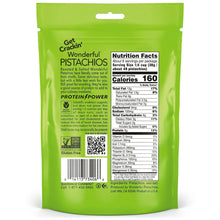 Back of green pistachio nut pouch showing nutrition facts and ingredient details