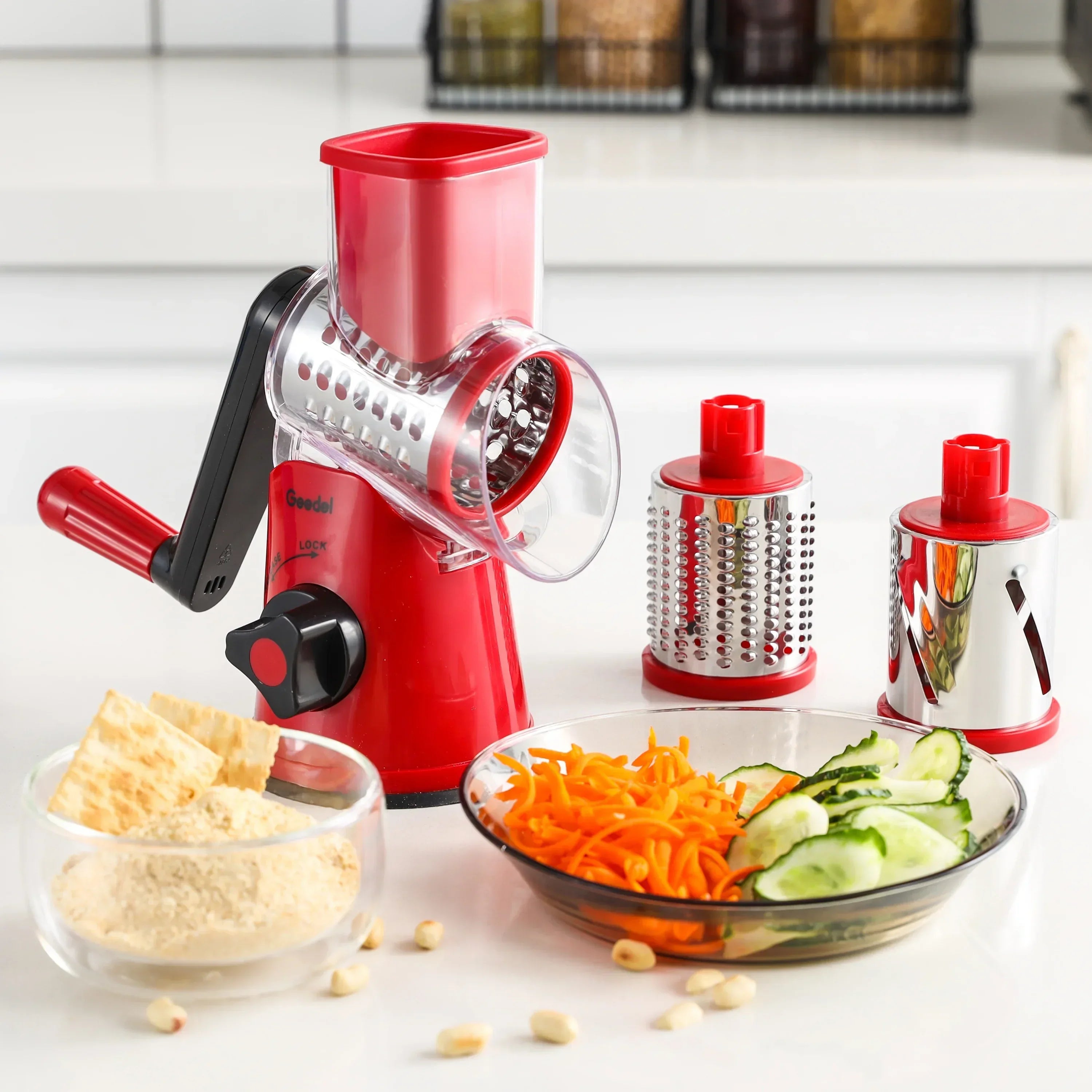 Geedel Rotary Cheese Grater, Kitchen Grater Vegetable Slicer with 3 Interchangeable Blades, Powerful Suction, Dishwasher Safe, Easy to Clean Grater for Vegetable, Fruit, Nuts - USA MEGA SHOP