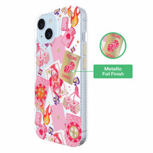 Clear phone case with pink Vegas icons pattern and metallic foil finish
