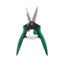 Green and black garden snipping shears with spring and two pointed stainless-steel blades