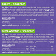 Purina Friskies pate dinner ingredient panels: chicken & tuna, ocean whitefish & tuna