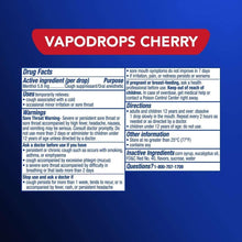 VapoDrops Cherry drug facts panel with warnings and directions