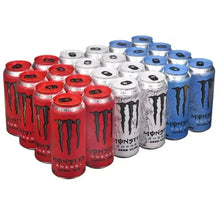 Assorted Monster Energy Ultra cans in red, silver, and blue rows