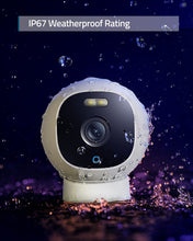 White waterproof outdoor security camera with spotlight in water splash