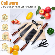 7-piece kitchen knife set with wooden handles, black blades, and included kitchen scissors