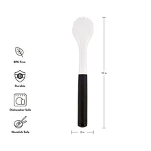 Angled sink brush with white head and black soft-touch handle, 10 in long