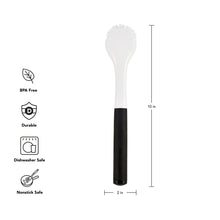 Dish brush with round angled head and black soft-touch grip, 10 in length