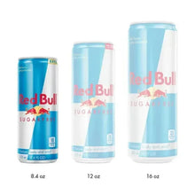 Red Bull Sugar-Free energy drink cans, blue-and-white, shown as 8.4, 12, 16 oz