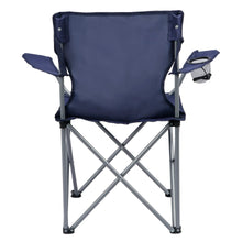 Folding camp chair back view with dark blue fabric and cross-braced metal frame