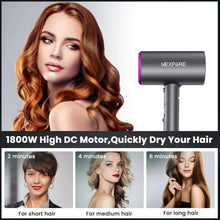 NEXPURE hair dryer with purple accent ring shown with heat-time styling panels