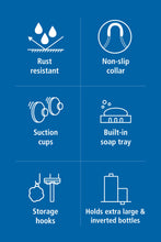 Shower caddy feature infographic: rust resistant collar, suction cups, built-in soap tray