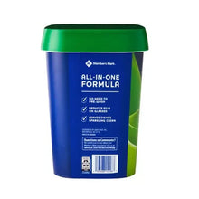 Dishwasher pacs tub with blue back panel, green lid, barcode and all-in-one formula text.
