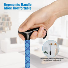 Shoe horn handle close-up: black curved grip with blue patterned shaft