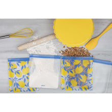 Reusable plastic storage bag set with lemon pattern, blue zip-seal style tops