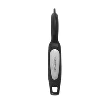 Black manual can opener with chrome head and long ergonomic handle