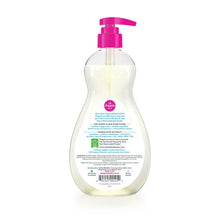 Baby bottle and dish soap bottle, bottom label view with pink pump dispenser