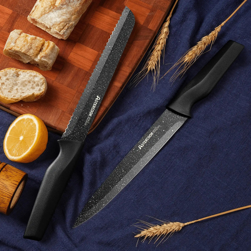 Astercook 6 Piece Starry-Sky Kitchen Knife Set, Carbon German Stainless Steel Knife Set with 6 Blade Guards, Non-stick Coating & Dishwasher Safe, Perfect Gifts for Kitchen