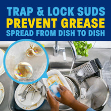 Sink with plates and soapy suds, showing soap foam spread during dishwashing