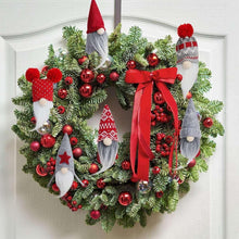 Plush gnome ornament set of 6 on a Christmas wreath, red and gray hats with beards