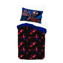 Spider-Man reversible comforter set showing black comforter with red character pattern and pillowcase