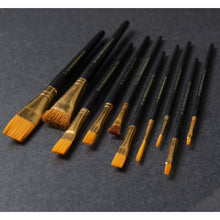 Set of acrylic paint brushes with black handles and gold ferrules, assorted tip sizes