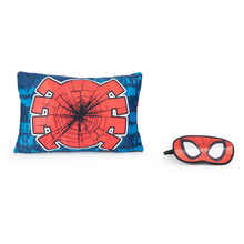Spiderman pillow and matching red eye mask, blue and red graphic