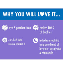 Bubble bath ingredients and benefits: dye-free, paraben-free, aloe and vitamin E