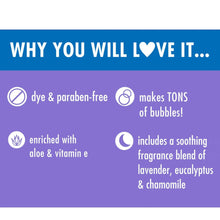 Purple bubble bath panel listing dye- and paraben-free with aloe and vitamin E