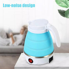 Blue collapsible electric kettle with white spout handle and lid, standing on base.