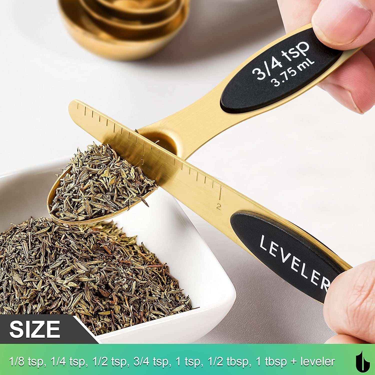 Magnetic Measuring Spoons Set Stainless Steel, Dual Sided for Liquid Dry Food, Measuring Cups Spoons Set Fits in Spice Jar, Kitchen Gadgets, Cooking Utensils Set, Including Leveler, Gold