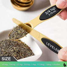 Gold double-ended measuring spoon with leveler, held beside dried herbs