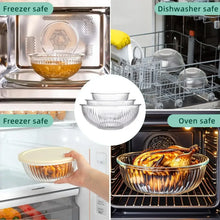 Glass mixing bowl shown in oven and dishwasher-safe storage