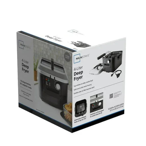 Mainstays 4L Electric Deep Fryer, Matte Black, Stainless Lid, 1800W