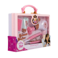 Plastic hair styling tools tote with pink handle and clear front window showing tools