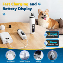 Pet nail grinder with white body and USB charging cable, small battery display panel