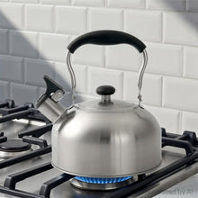 Silver stainless steel whistle tea kettle on induction cooktop with blue heating ring