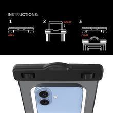 Waterproof phone pouch with black latch, clear window showing a phone’s camera