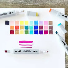 Dual-tip alcohol markers arranged with colorful swatch blocks and magenta line samples