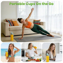 Portable blender travel cups with lids, one cup shown on a countertop