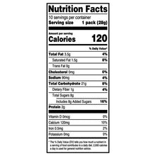 Nutrition Facts label for 1 snack pack (28g), calories and nutrients chart