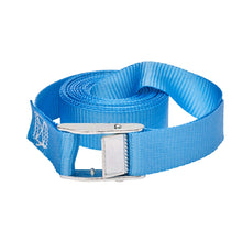 Blue cam buckle lashing strap with silver metal adjuster and end plate