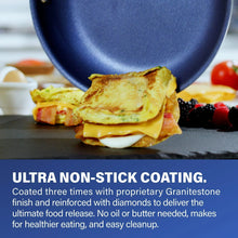 Blue nonstick skillet with stacked toasted food pieces inside