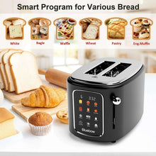 Black 2-slice toaster with touchscreen panel, side lever, and open slots for bread