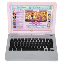 Pink-and-gray pretend laptop with Princess-themed app screen and black keyboard
