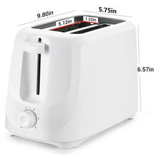 Arctic white 2-slice toaster showing front dimensions and toast lever