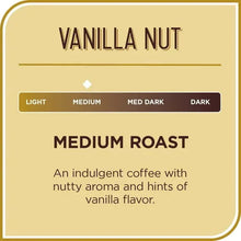 Coffee label panel: Vanilla Nut medium roast with light-to-dark roast level bars.