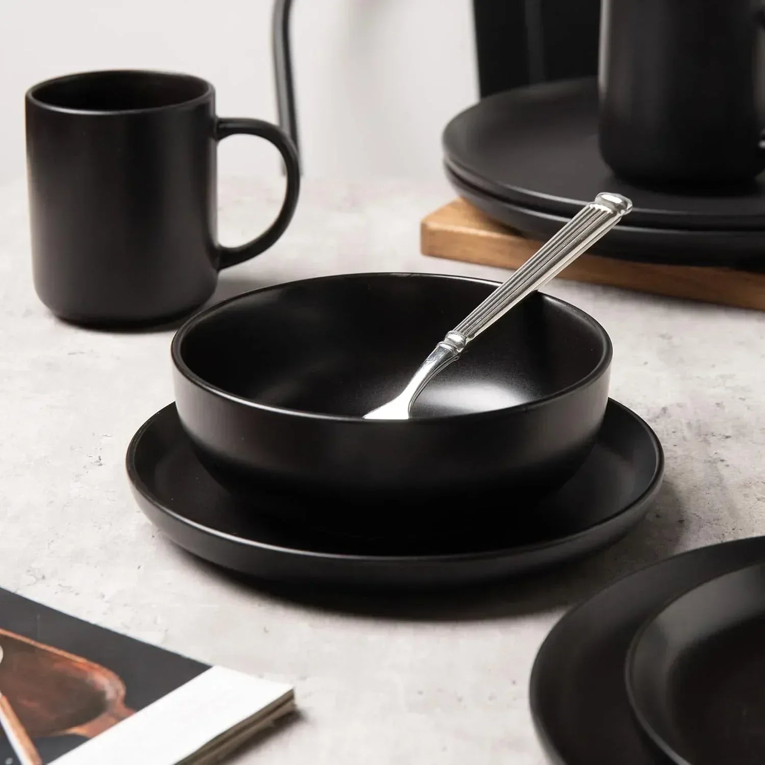 12-Piece Stoneware Dinnerware Set with Mugs | Microwave and Dishwasher Friendly | Stackable Matte Glaze Plates & Bowls | Service for 3 (Black for 3)